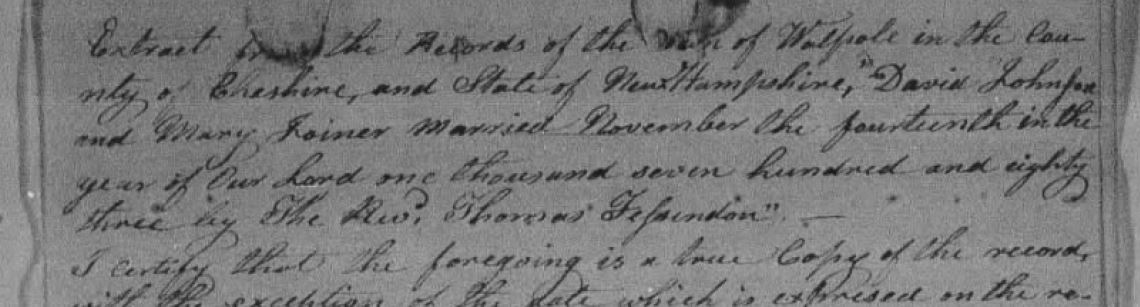 Proof of marriage between David Johnson and Mary Joiner from Mary's Widow's Pension Application.