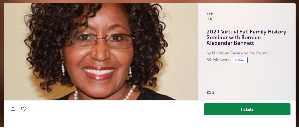 Clipped image from Event Page including Photo of Bernice Alexander Bennet, with date and cost information.