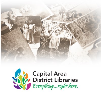 Corner of CADL pdf from 2021 Genealogy Series flyer. Reads: Capital Area District Libraries, Everything... right here.